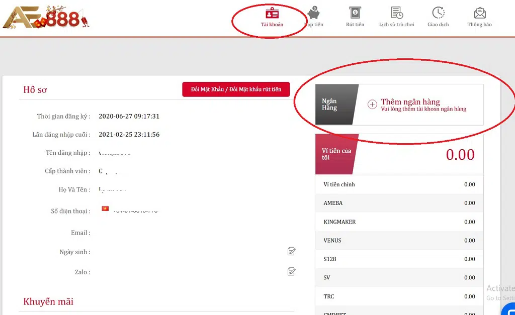 Thêm Ngân hàng khi rút tiền tại AE888