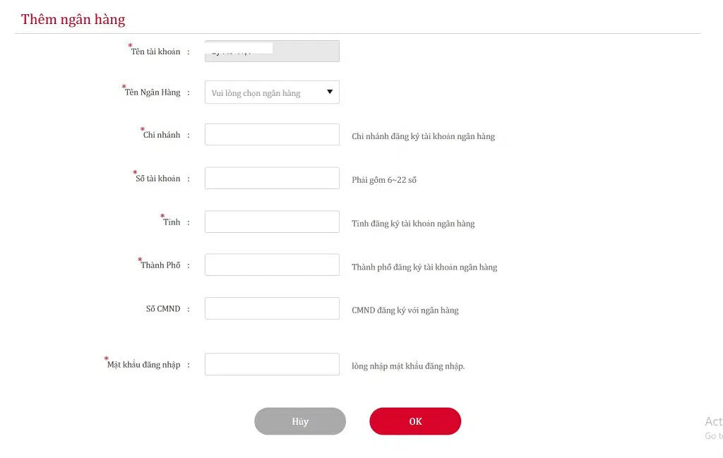 Điền đầy đủ thông tin khi rút tiền tại AE888