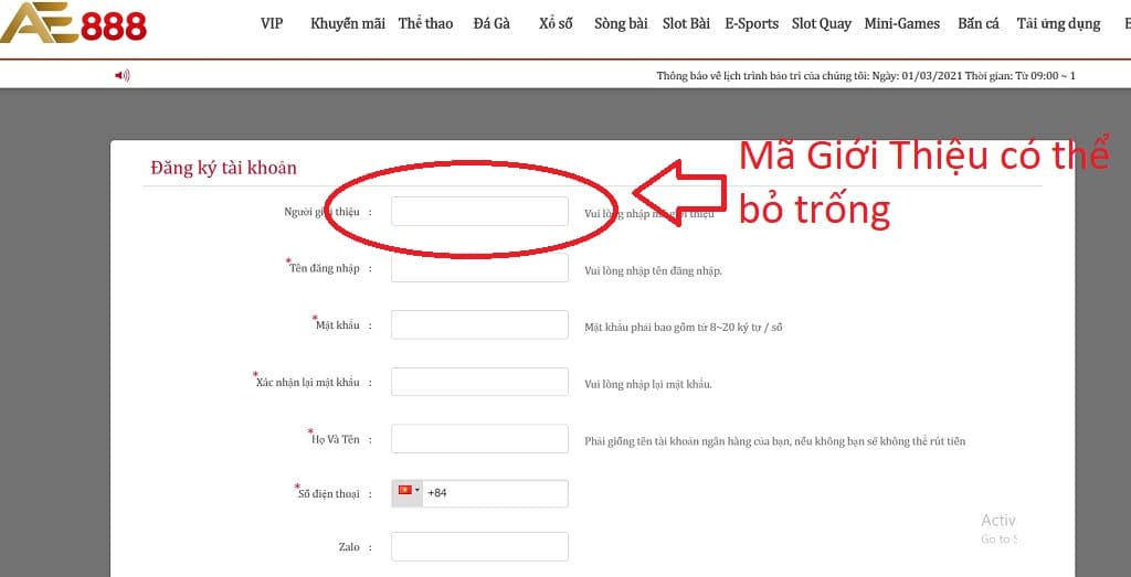 Mã Giới Thiệu AE888 có thể bỏ trống khi đăng ký