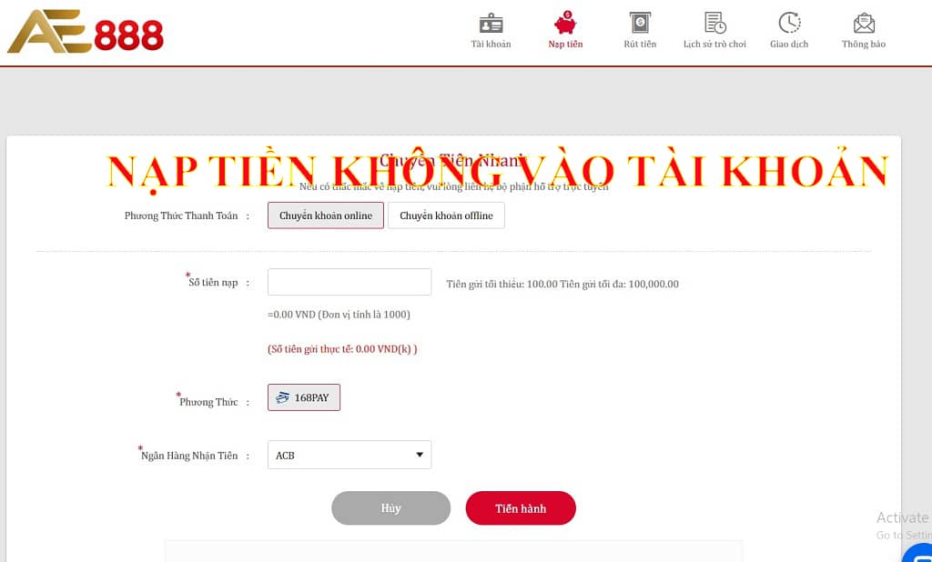 AE888 lừa đảo khi nạp tiền không vào tài khoản người chơi