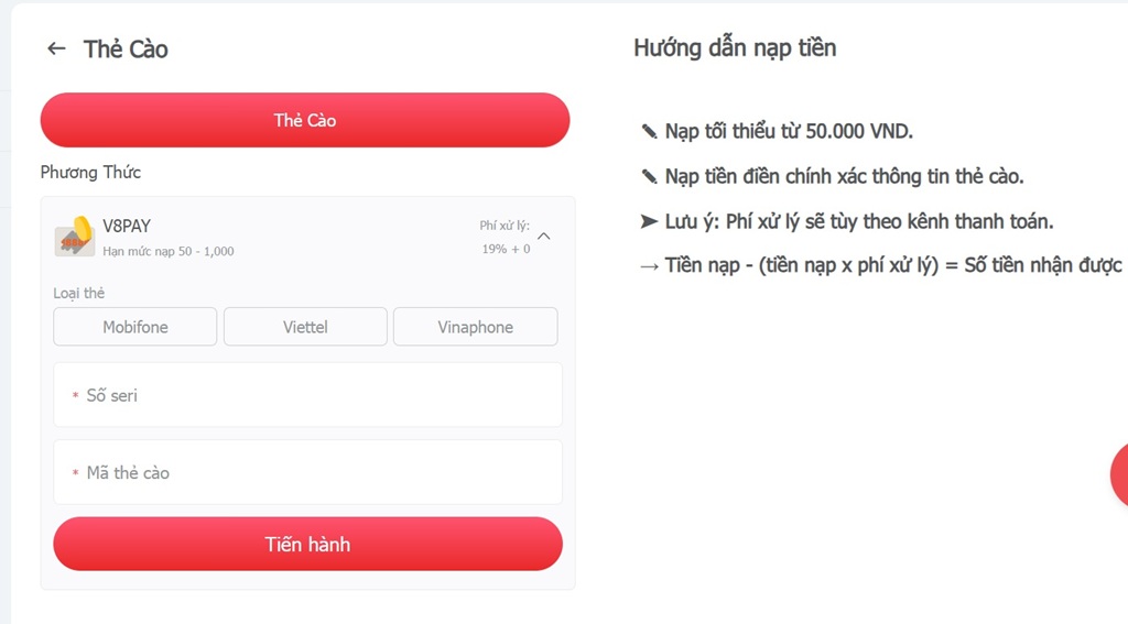 Nạp tiền AE888 bằng Thẻ cào