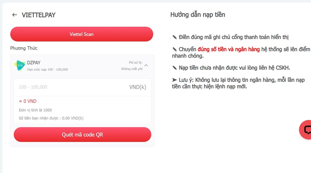 Nạp tiền AE888 bằng Viettel Pay
