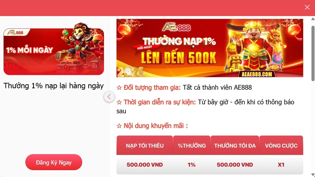 Khuyến Mãi Thưởng nạp mỗi ngày tại AE888